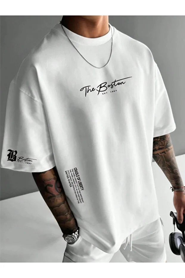 Unisex Erkek/Kadın THE BOSTON Özel Baskılı Oversize Pamuklu Bisiklet Yaka T-Shirt